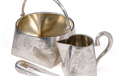 A Russian silver sugar and creamer set, engraved with flowers and foliage...