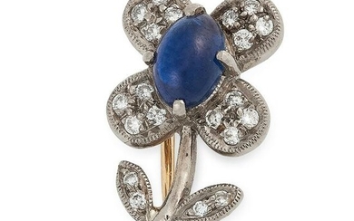A SAPPHIRE AND DIAMOND FLOWER BROOCH in yellow and