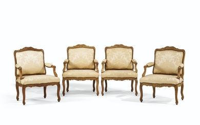 A SET OF FOUR EARLY LOUIS XV BEECHWOOD FAUTEUILS, BY JEAN-BAPTISTE CRESSON, CIRCA 1755