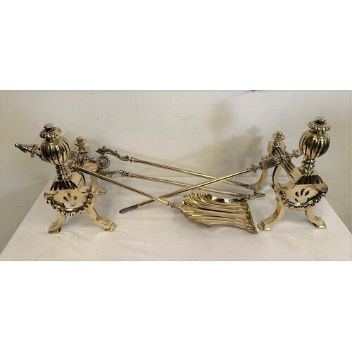 A SET OF ORNATE VICTORIAN BRASS FIRE IRONS AND DOGS, five pi...