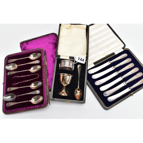 A SET OF SILVER CUTLERY, A SILVER CHRISTENING GIFT SET AND A...