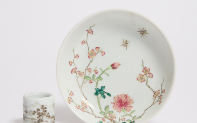 A Small Famille Rose 'Peony and Prunus' Dish, Daoguang Mark, Together With a Grisaille-Decorated Porcelain Archer's Ring, Qing Dynasty or Later