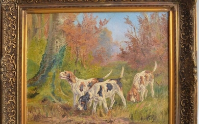 A. VELY (XIX-XXème) Chiens de chasse Huile sur toile signée en bas à droite 54...