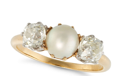 A VINTAGE PEARL AND DIAMOND THREE STONE RING in ye ...