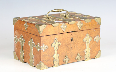 A Victorian Gothic Revival walnut and brass mounted box, the lid with engraved coronet above initial