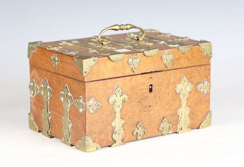A Victorian Gothic Revival walnut and brass mounted box, the lid with engraved coronet above initial