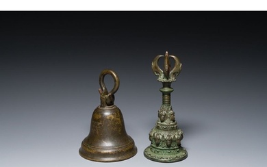 A bronze bell and a ceremonial hand bell, South Asia and Sou...