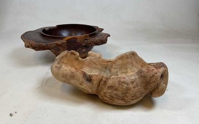 A burr yew carved bowl, and a further rustic carved...