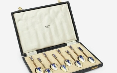 A cased set of English enameled sterling silver