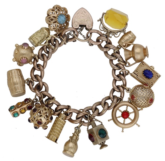 A charm bracelet, the hollow curb-links suspending various charms, to a padlock-shaped...