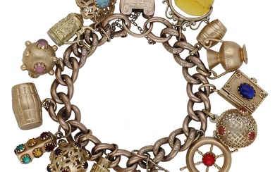 A charm bracelet, the hollow curb-links suspending various charms, to a padlock-shaped...