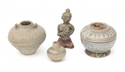 A collection Sawankhalok earthenware consisting of: a lidded box, two vases and a figure of a woman, Thailand, 14th/15th century.