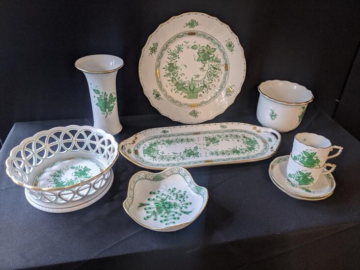 A collection of Herend green floral porcelain to