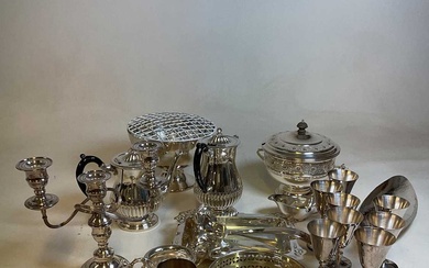 A collection of silver plate including a Viners twin handled...