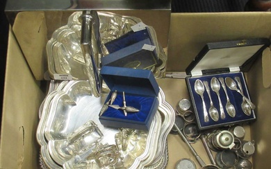 A collection of silver plated wares including entrée dishes, cruet stands, flatware, bottles etc