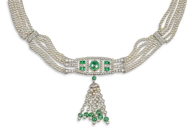 A cultured pearl, emerald and diamond necklace, the...