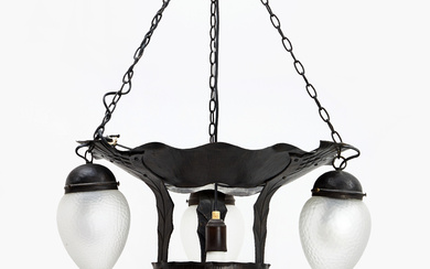 A four-point Art Nouveau ceiling lamp, early 20th century. Drop-shaped cups in frosted glass.