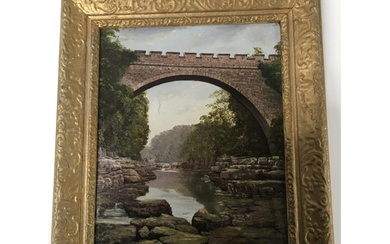 A gilt framed oil painting on canvas study of a bridge over ...