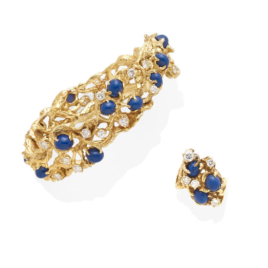 A gold, lapis lazuli and diamond bracelet and ring set