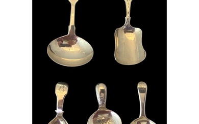 A group of five silver caddy spoons Comprising of a spoon w...