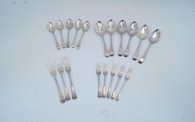 A group of silver, to include: a George III Old English spoon, London, 1786, George Smith (III) & William Fearn; a George III Hanoverian pattern fork, London, 1810, maker's mark rubbed; five Victorian Old English pattern spoons, five matching...