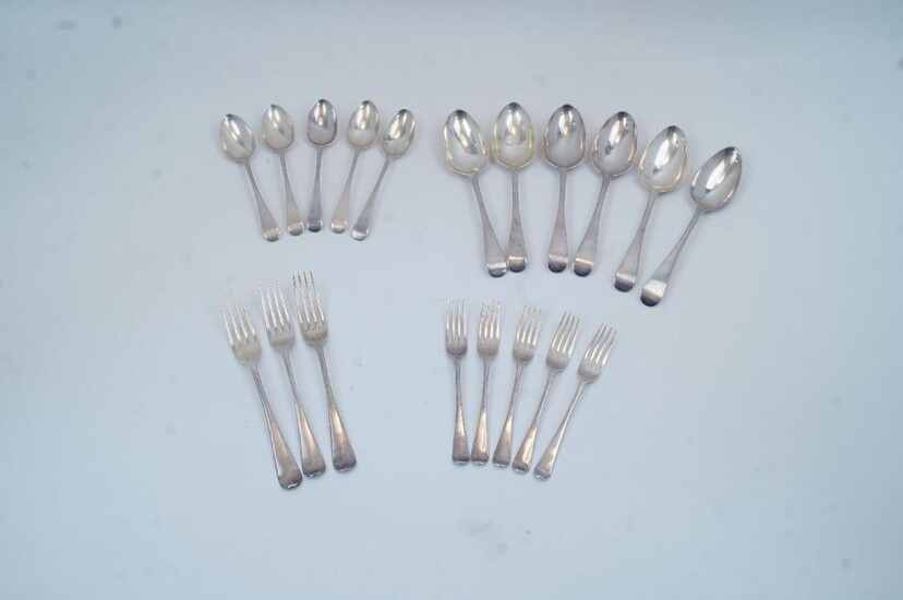 A group of silver, to include: a George III Old English spoon, London, 1786, George Smith (III) & William Fearn; a George III Hanoverian pattern fork, London, 1810, maker's mark rubbed; five Victorian Old English pattern spoons, five matching...