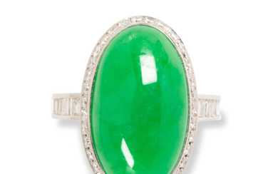 A jadeite "A" jade, diamond and platinum ring