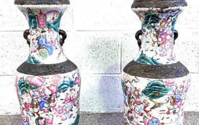 A large pair of Chinese crackle glaze 'Warrior' type vases, late Qing Dynasty, probably circa