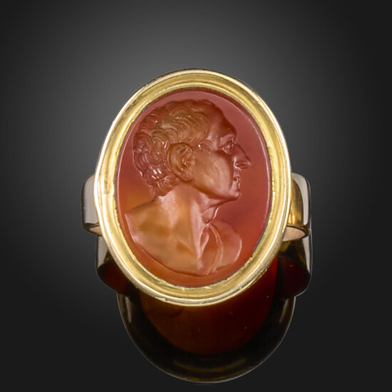 A late 18th century carnelian intaglio-mounted gold ring