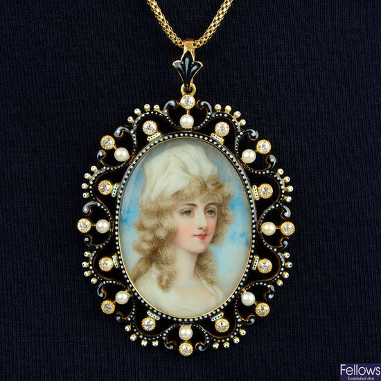 A late 19th century gold locket, containing a portrait miniature within an old-cut diamond, seed pearl and black and white enamel surround, with later chain.