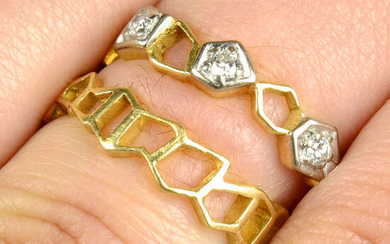 A mid 20th century 18ct gold diamond geometric openwork ring, by John Donald, together with a fitted band ring of similar design.