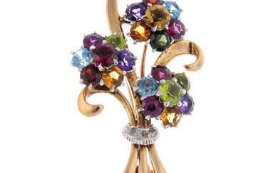 A mid 20th century 9ct gold gem-set cluster floral spray brooch, with rose-cut diamond accents.