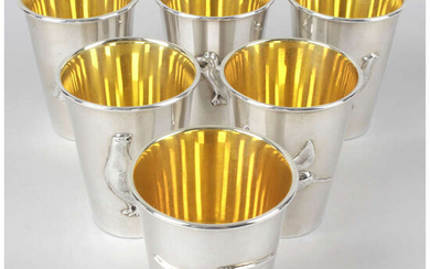 A modern cased set of six silver game bird cups.