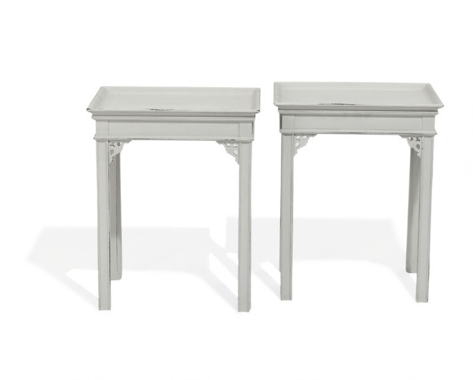 A pair of 20th century grey painted side tables, tops with raised edges. Manufactured for C.B. Hansens etabl. H. 56. L. 45. W. 35 cm. (2)