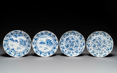 A pair of Chinese blue and white 'Mongolian hunting scene' plates and a pair of plates with floral