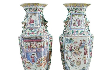 A pair of Chinese famille rose hexagonal baluster