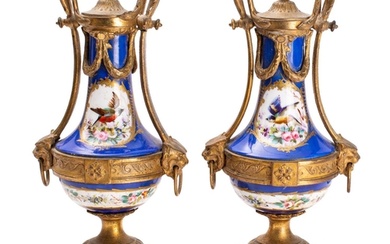 A pair of French gilt metal mounted Paris porcelain style ur...