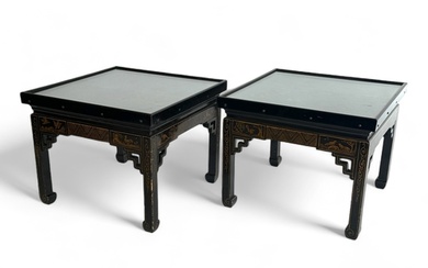 A pair of Mallets black japanned and lacquered coffee tables...