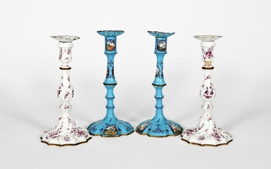 A pair of Staffordshire enamel candlesticks c.1770, of...