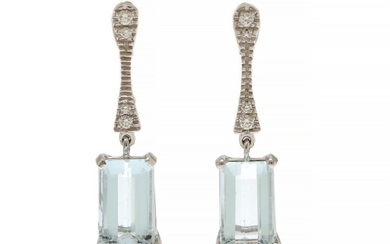 A pair of ear pendants each set with an aquamarine, totalling app. 5.15 ct. and four diamonds, totalling app. 0.13 ct., mounted in 18k white gold. L. 28 mm. (2)