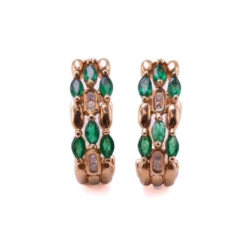 A pair of emerald and diamond earrings, each comprises six m...