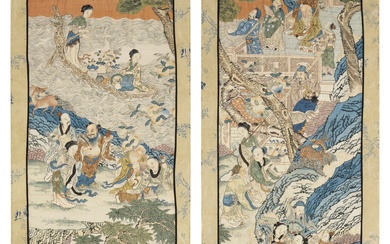 A pair of kesi 'immortals' panels, Qing dynasty, 19th century | 清十九世紀 緙絲群仙祝壽圖掛屏一對