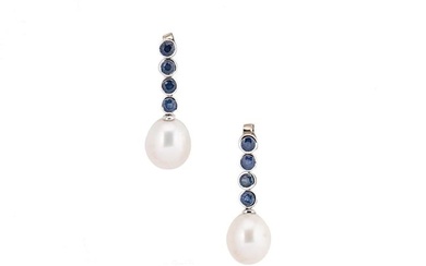 A pair of pearl and sapphire ear pendants