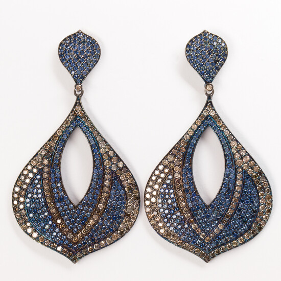 A pair of sapphire, diamond and blackened silver earrings