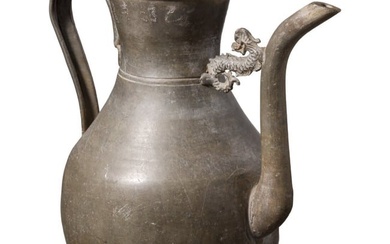 A rare Chinese inscribed pewter ewer, signed Jiaji, Ming Dynasty, 16th century