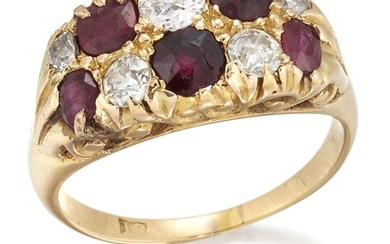 A ruby and diamond ring, of half-hoop design, set alternately with old brilliant-cut diamonds and vari-cut rubies, ring size L.
