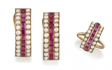A seed pearl and synthetic ruby ring and pair of...