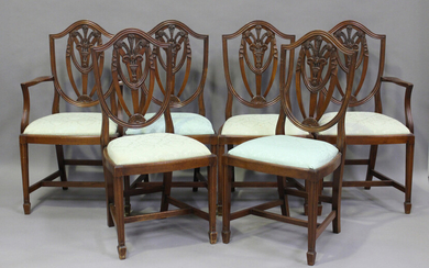 A set of six 20th century reproduction mahogany dining chairs with drop-in seats, comprising two car
