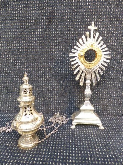 A silver bronze censer and monstrance. Nineteenth century....