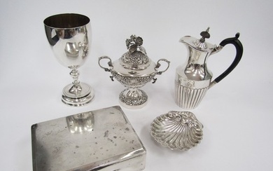 A silver goblet/trophy, silver water jug, silver scallop for...
